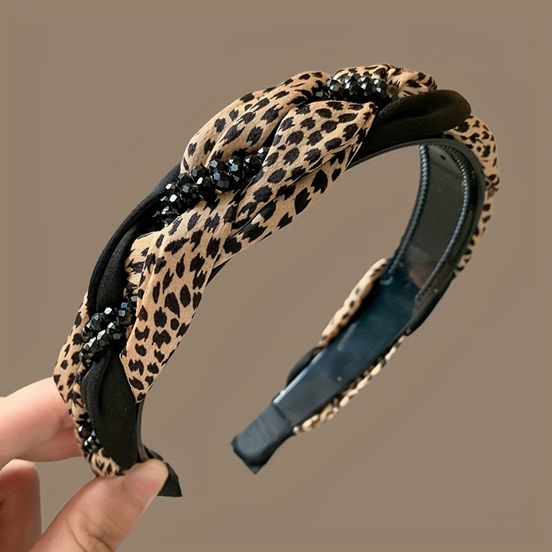 New Stylish And Versatile Leopard Print Rhinestone Woven Thick Hairband Hair Accessory For Women, Perfect For Managing Loose Hair While Washing Face