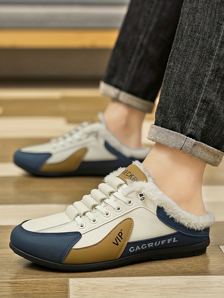 A pair of shoes with elastic band and velvet cover, warm and comfortable lining, suitable for outdoor street walking in winter, outdoor walking, indoor leisure and home use, Indoor Slippers, Round Toe Shoes, Slipon Design, Cozy Footwear, PVC Sole