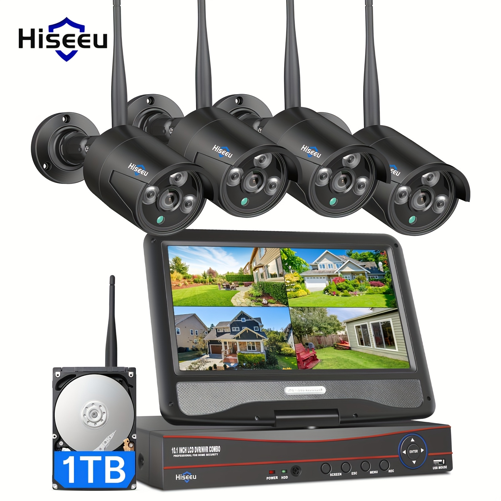 

Hiseeu 5mp Wireless - 10ch , With 10.1" Lcd Monitor, 4 Indoor/outdoor Cameras, Unidirectional Audio, Waterproof, Motion Detection, Wi-fi , 12v Plug, 1tb Hdd - Ideal For Home Surveillance