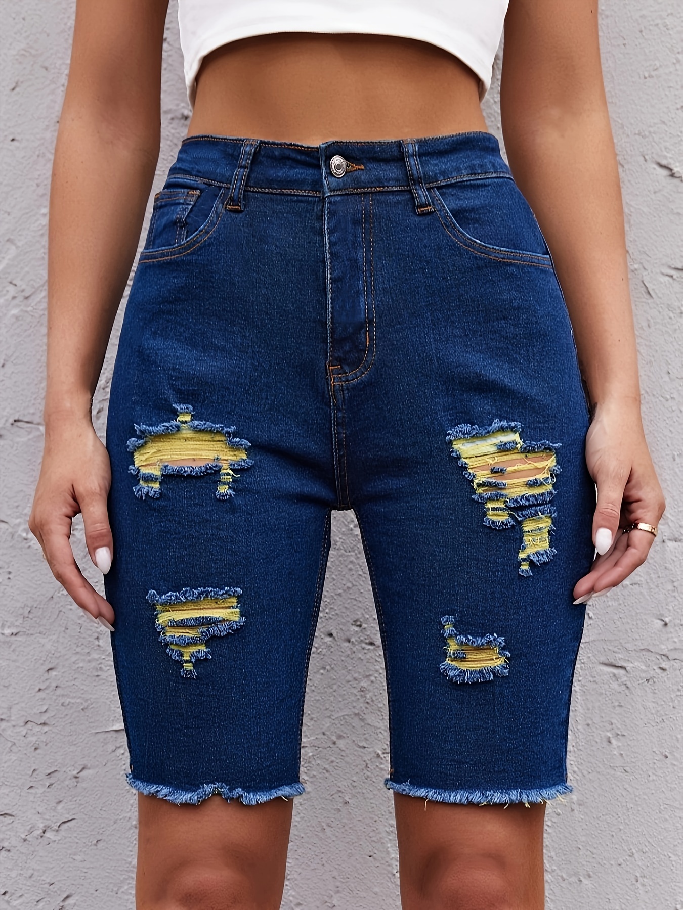 Ripped Roll Up Hem Knee Length Denim Shorts, High Stretch Medium Washed  Blue Slash Pocket Cuffed Bermuda Denim Shorts, Women's Denim Jeans &  Clothing