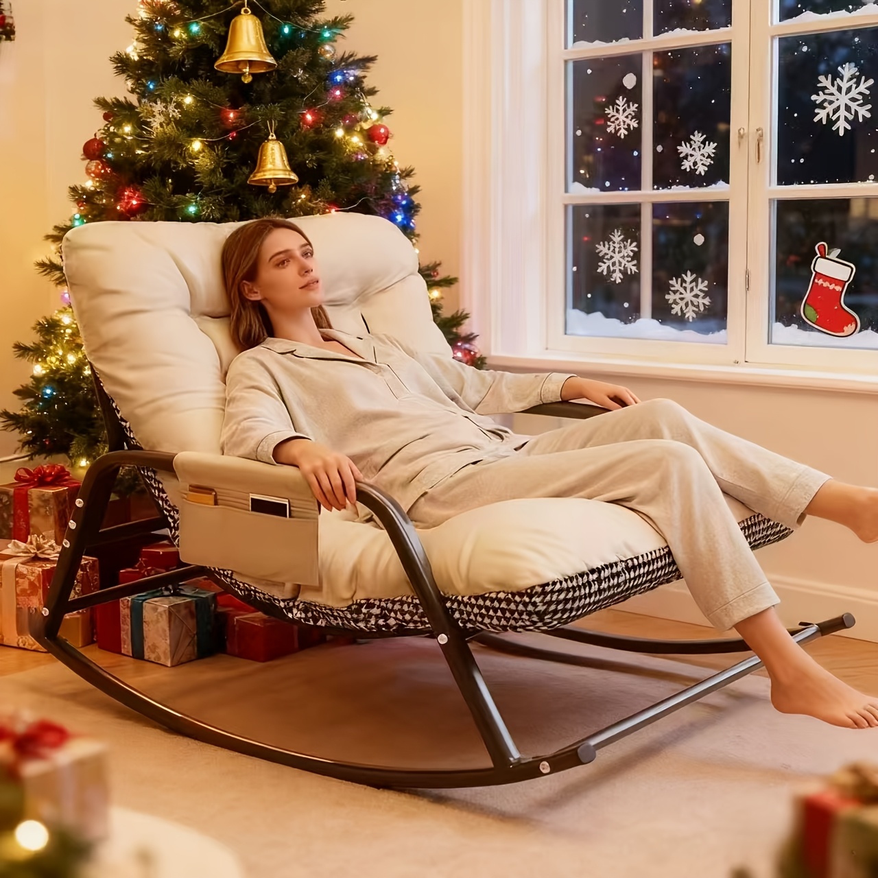 Stylish Rocking Chair for Living Room and Bedroom, Indoor Two-Seater Sofa Recliner with Cushion, Multi-Functional Zero Gravity Recliner for Bedroom, Study, Reading Nook, Bay Window Area, Rocking Chair with Soft Padded Cushion for Plush Comfort +