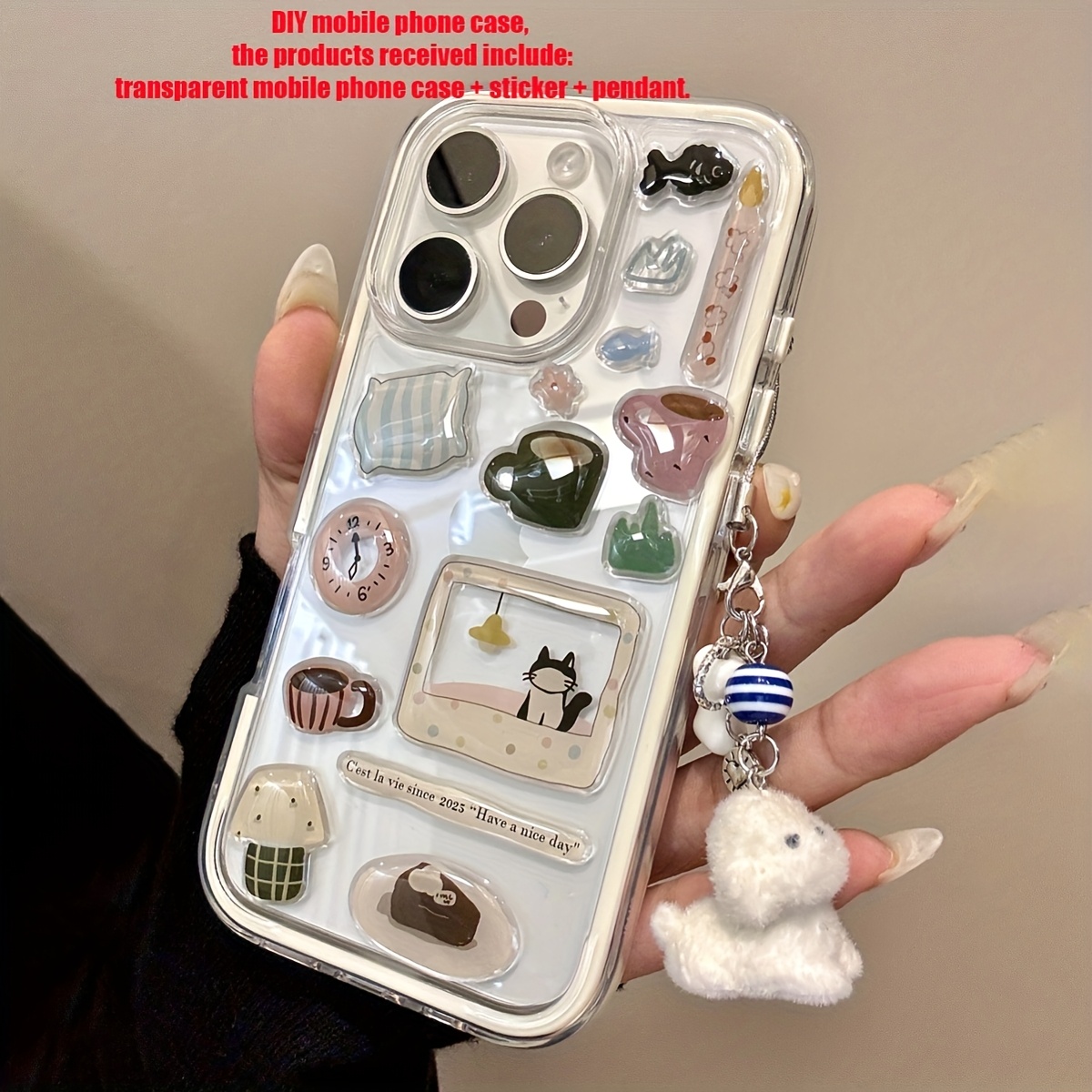 DIY Cute Funny Cat Cartoon Illustration Sticker Transparent Phone Case for iPhone 16 ProMax 15 14 13 12 11 Pro Max Lovely Pendant Clear Shockproof Cover