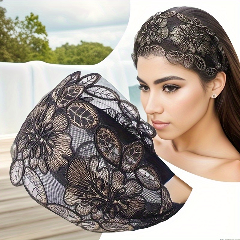

Elegant Vintage-inspired Lace Embroidered Headband With - Chic Wide Hair Accessory For Women