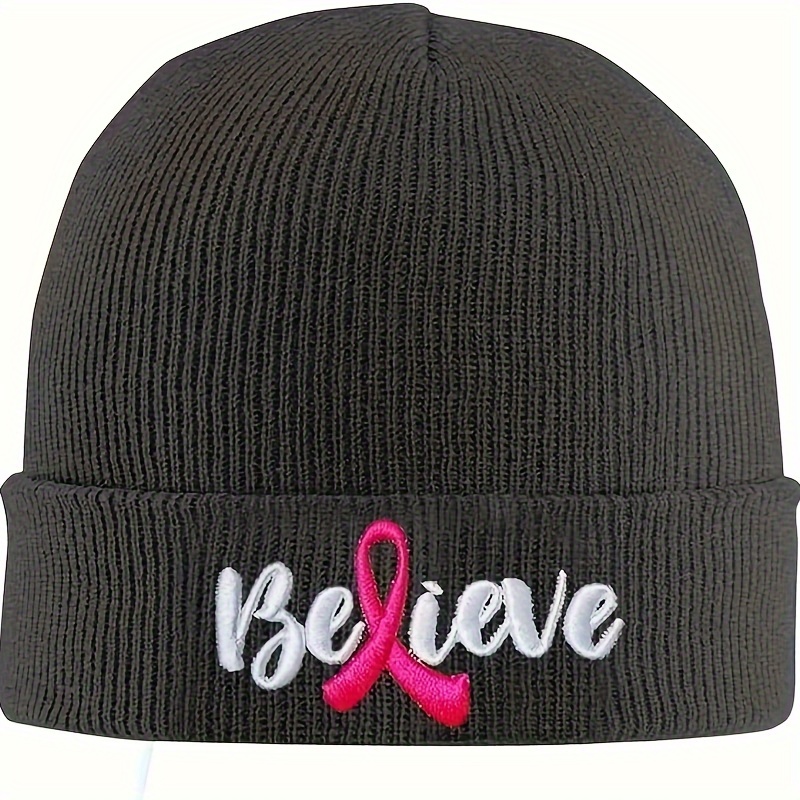 

Believe" Acrylic Skull Knit Beanie For Women - Breast Awareness, Winter Hat