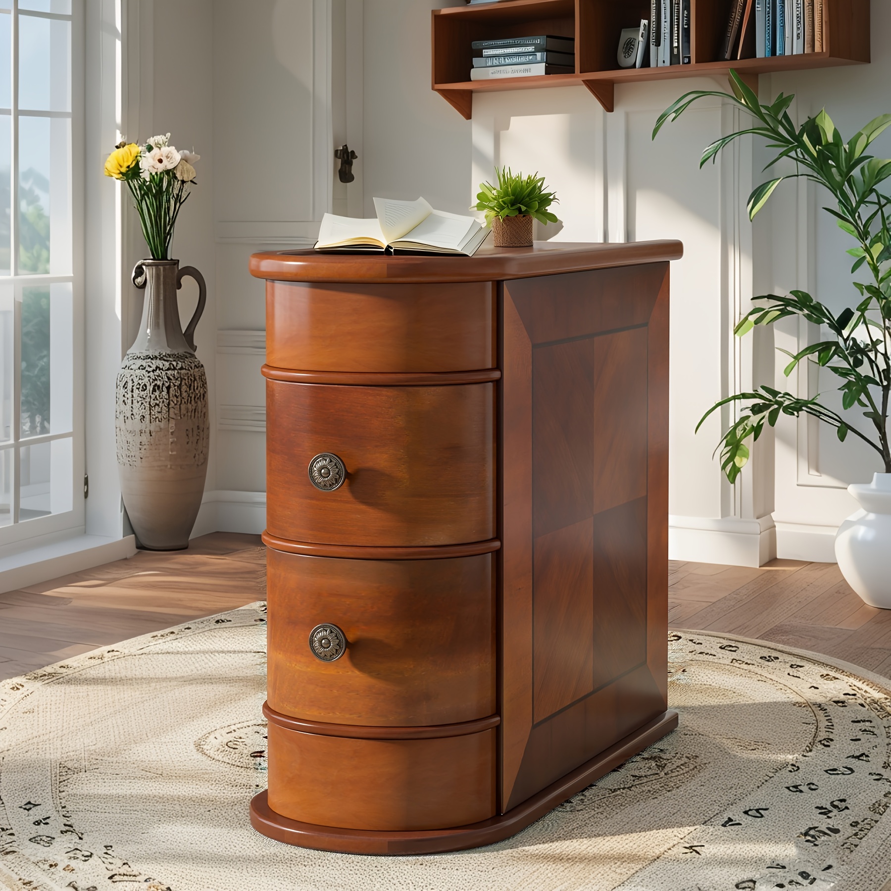 

Solid Wood 23.62 Inch Rectangle Rustic End Table In Brown With Storage, 3 Drawer For The Living Room And Bedroom