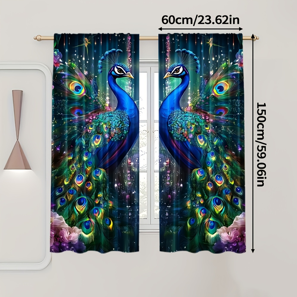 TEMU 2pcs, Curtains&window Peacock 3 Versatile 100% Polyester (without Rod, No Movement, No Battery) Room Decor Use For Bedroom, Living Room, Home