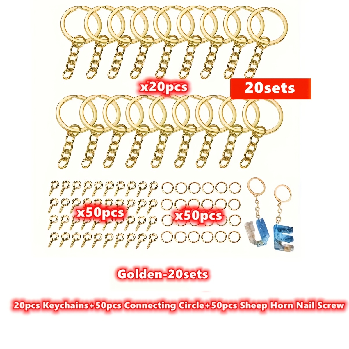TEMU Kit de 20 ensembles de 20 porte-clés + 50 cercles de + 50 vis à clou en de pour anneaux de porte-clés DIY - Mini-pendentifs à œillet à vis pour