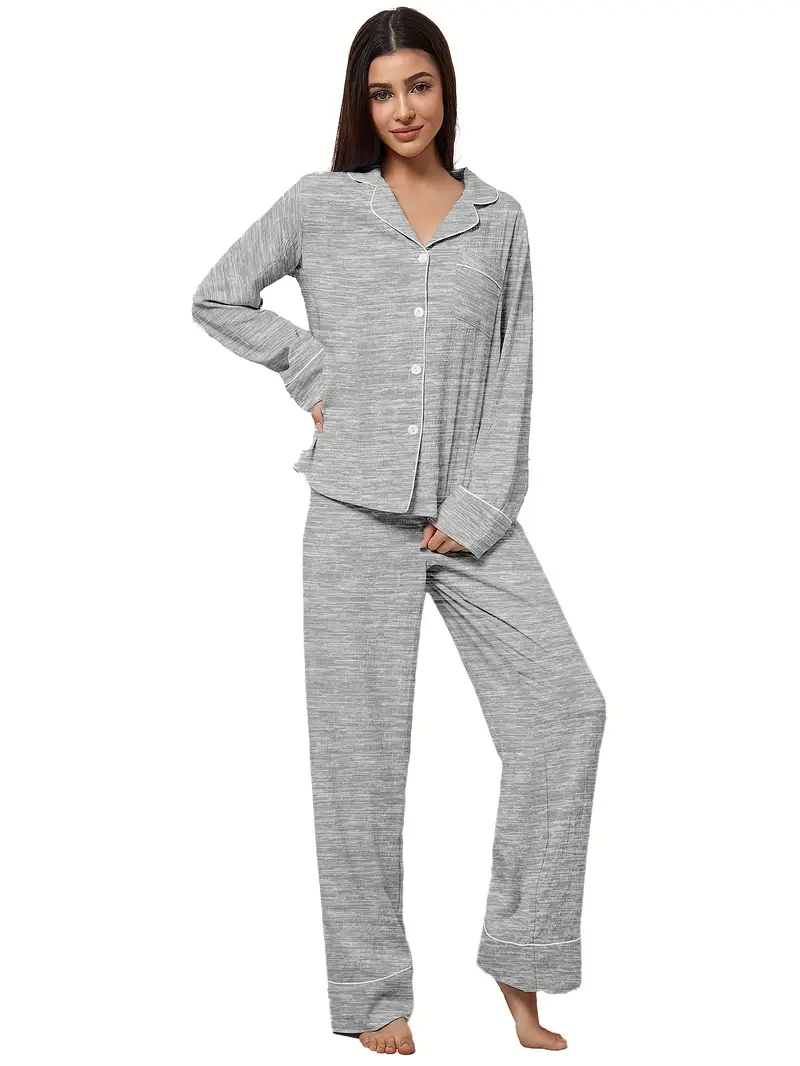 3 sets of 6pcs womens casual polyester solid color long sleeved top long pants sleepwear set fabric long sleeved lapel top with loose pants wear outside Product details 2