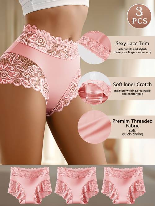3 pack solid color high waisted lace splicing womens underwear elegant design elastic fabric essential large size panties for daily wear