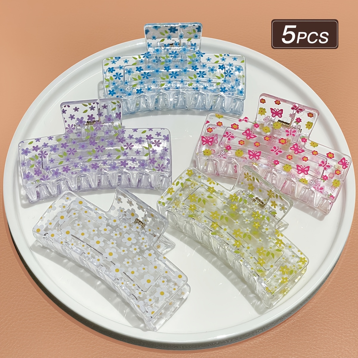 TEMU Ensemble de 5 pinces à cheveux style à imprimé floral, pinces à cheveux transparentes à fleurs, accessoires de cheveux mignons printemps/été,