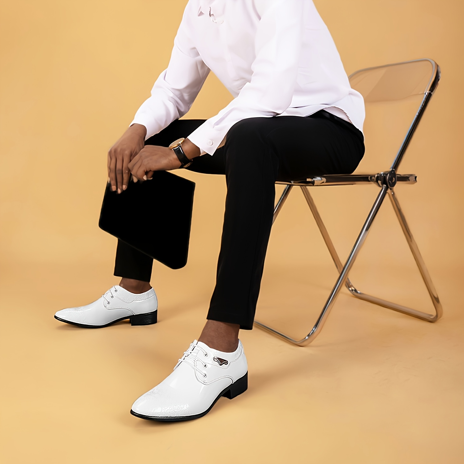 mens white lace dress shoes a glossy patent featuring - Temu