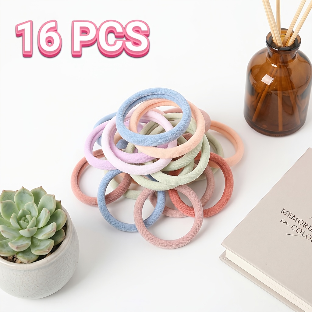 TEMU 15/16pcs Solid Color Thick High-elasticity Towel-style Hair Ties, Macaron , Vintage Style, Versatile Hair Bands, Hair-friendly Ponytail Holders,