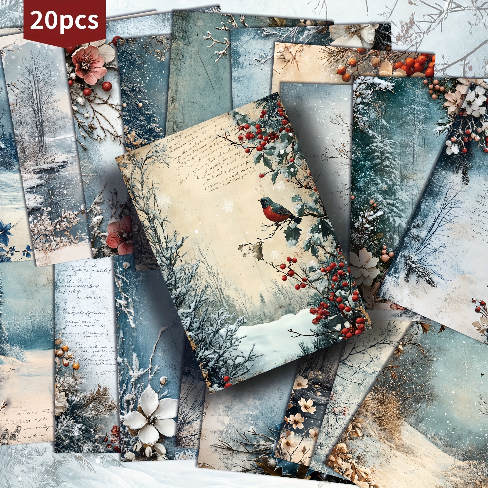 TEMU Lot de 20 cartes postales en papier de fond vintage bleu de Noël - 4x6 pouces, papier pour d'hiver, illustrations de classiques, cartes de