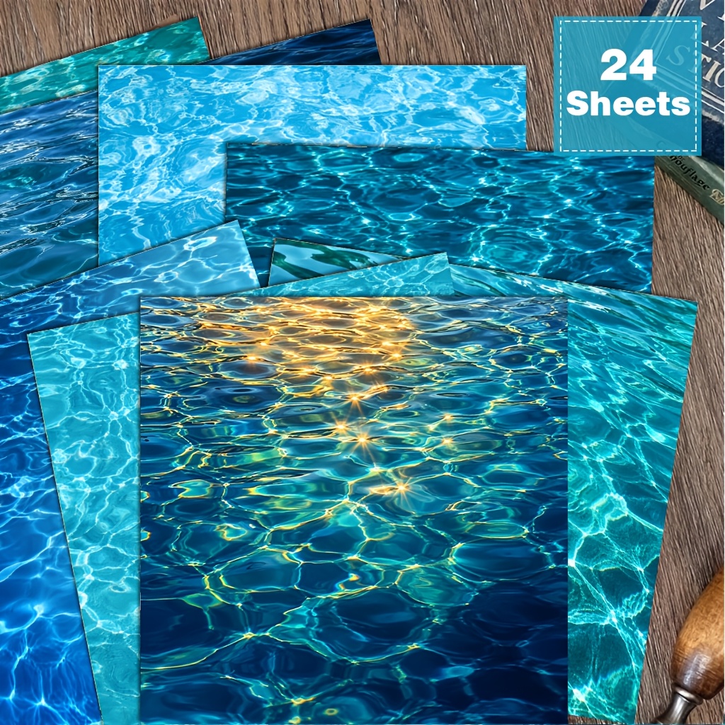 TEMU 24 feuilles de papier 6x6 pouces à motif d'eau/texture océanique non répétitif pour scrapbooking/journal, thème plage/vacances. Convient pour