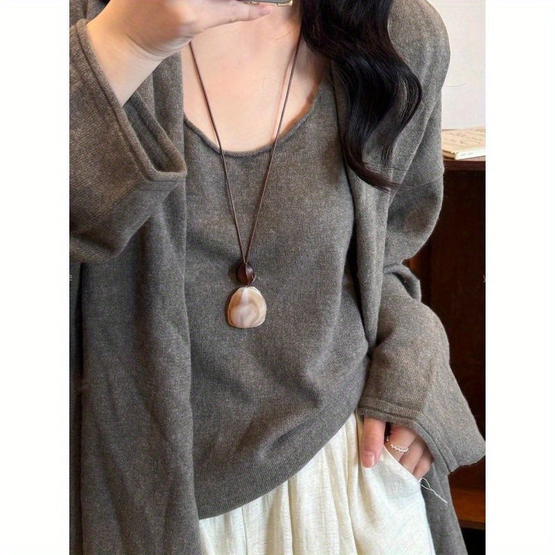 Image of 2025 New Chinese-style Lazy Pendant Long Necklace With Leather Cord, Vintage Versatile Layered Sweater Chain For Women's Additions