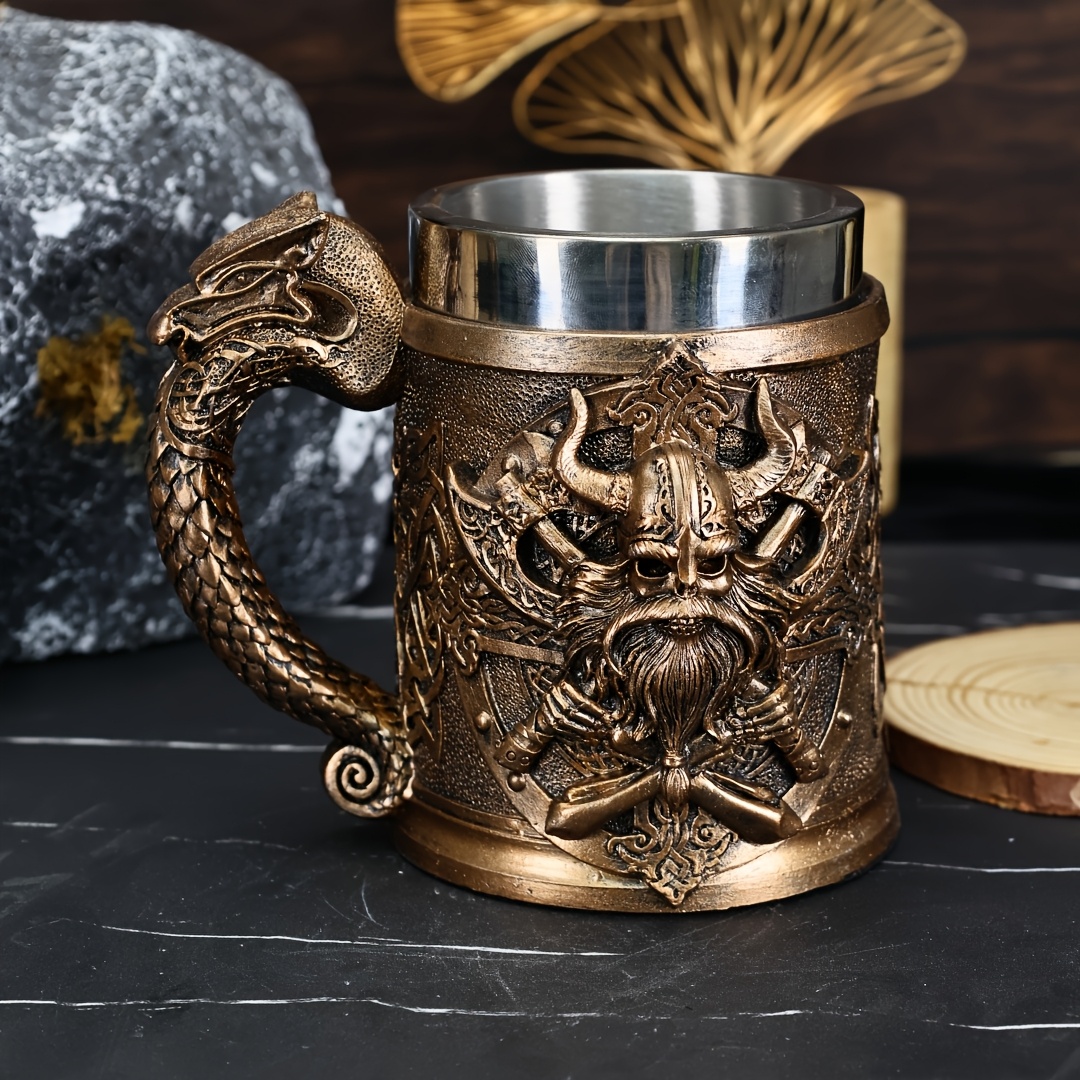 Image of A Viking Relief Mug, A Medieval European Viking Beer Mug Made Of Stainless Steel, With A Large Capacity Of 20.3oz, A Powerful Coffee Cup, A Bar Specialty Cup, And A For Daily Life