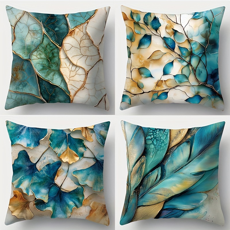 

Contemporary 4pcs Turquoise & Leaves Throw Pillow Covers Set - Zippered Polyester Cases For Living Room Sofa Decor, 18x18 Inches, Machine Washable