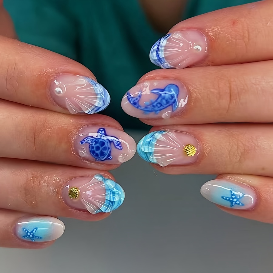 24pcs short oval shell small fish   cute turtle   glossy resin press on   nails to refresh   acrylic press on nails perfectly fit   nails make     beautifully ideal for parties