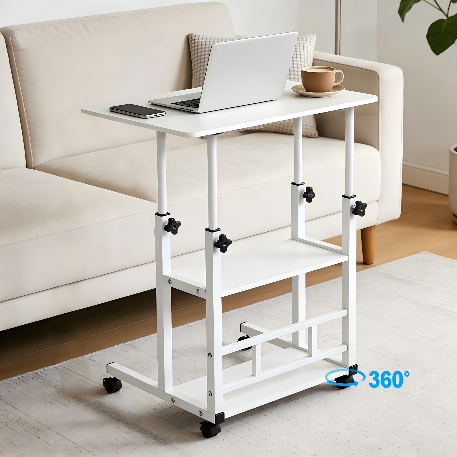 Image of Height Adjustable Mobile Computer Desk With 2-tier Storage, 360° Lockable Rotatable Casters, Compact Sit Stand Pc Table For Home Office Bedroom Living Room, 60x40x60-85cm
