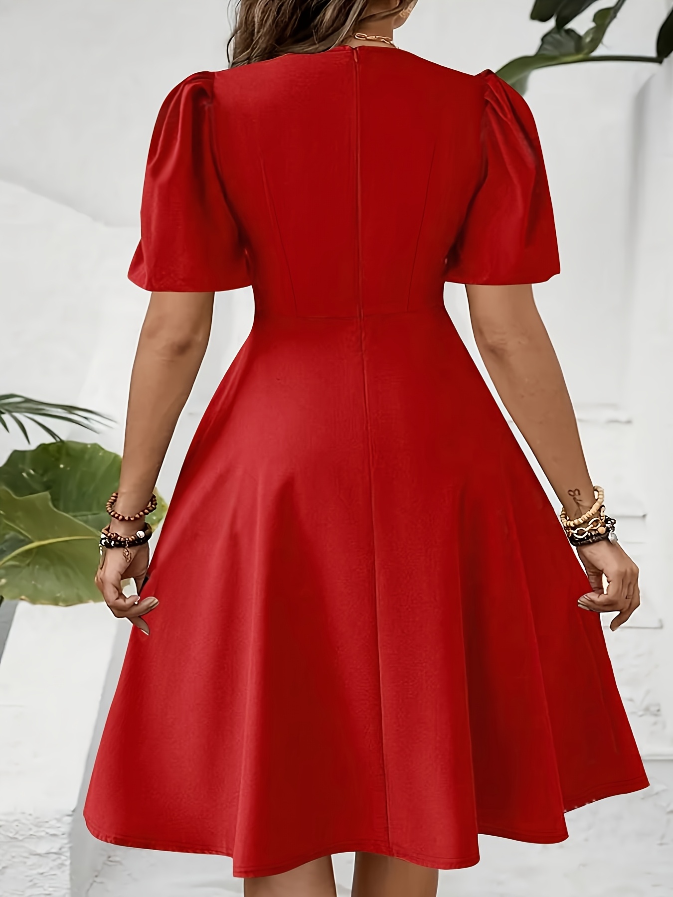 elegant red midi dress women crew neck short puff sleeves Temu