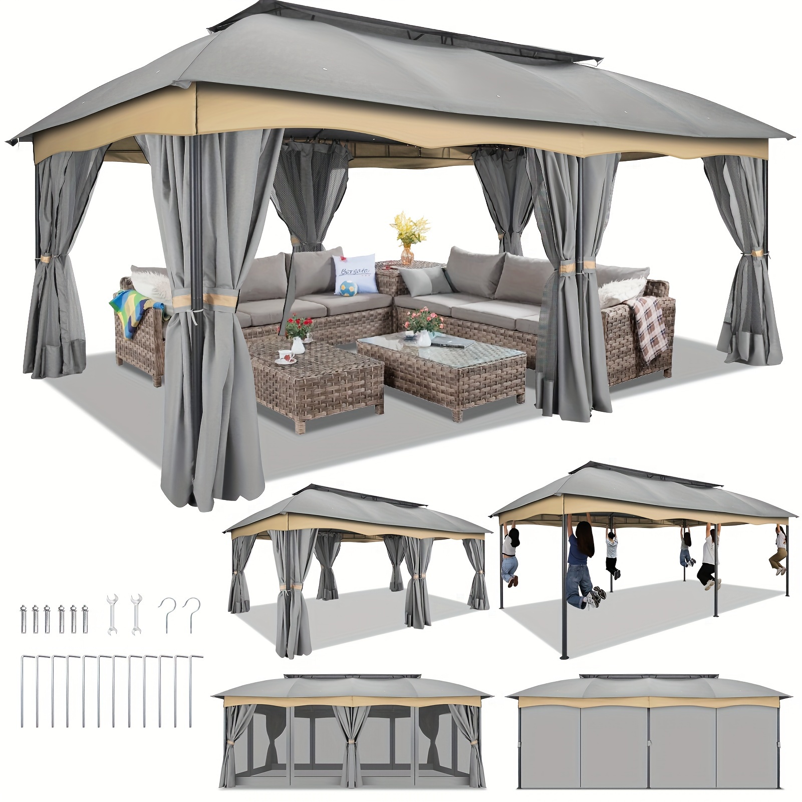 Outdoor Patio Gazebo 12x20ft With Mosquito Netting Outside Canopy 
