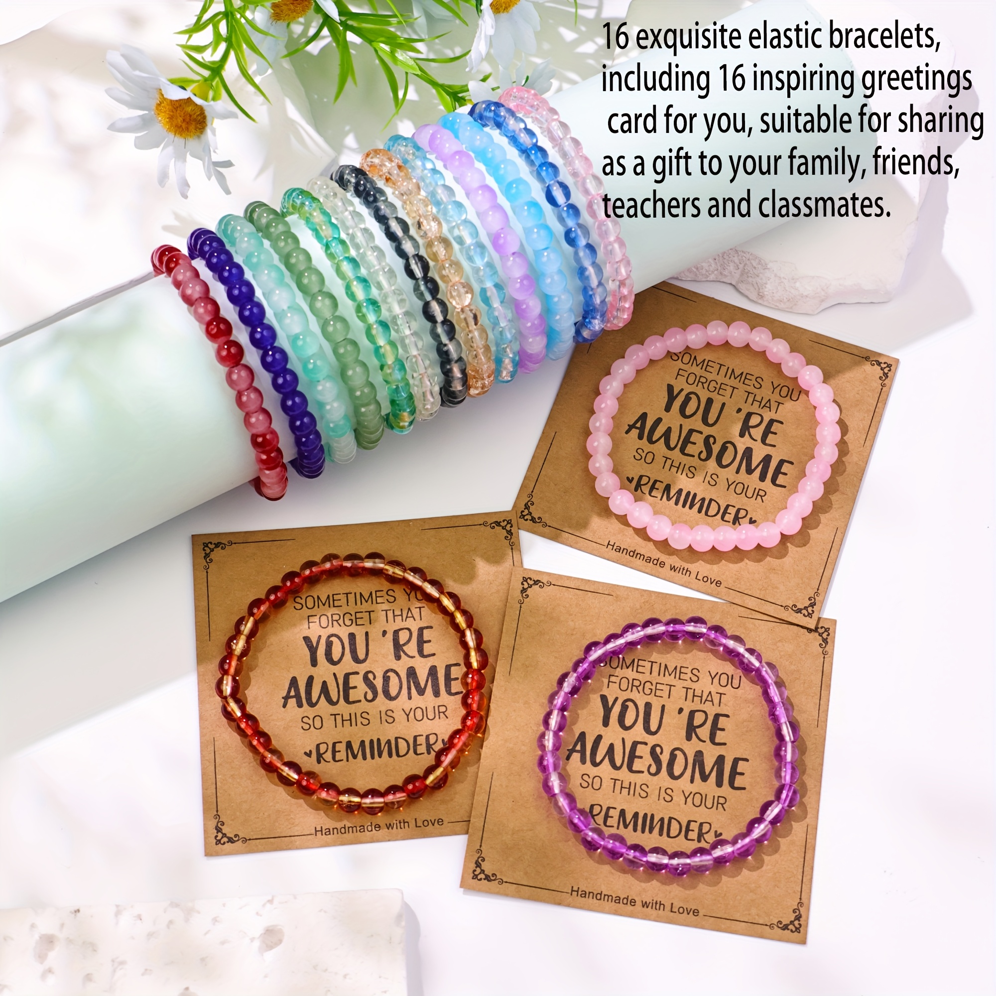 16pcs Exquisite Elastic Glass Bracelets with Inspiring Blessing Cards