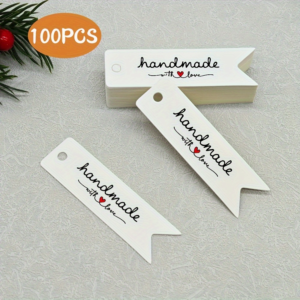 

100pcs Handmade Gift Tags, Dovetail Design Personalized Hang Tags For Holiday Crafts, Diy Projects, White With "handmade With ♥" Print, Round Hole For Hanging