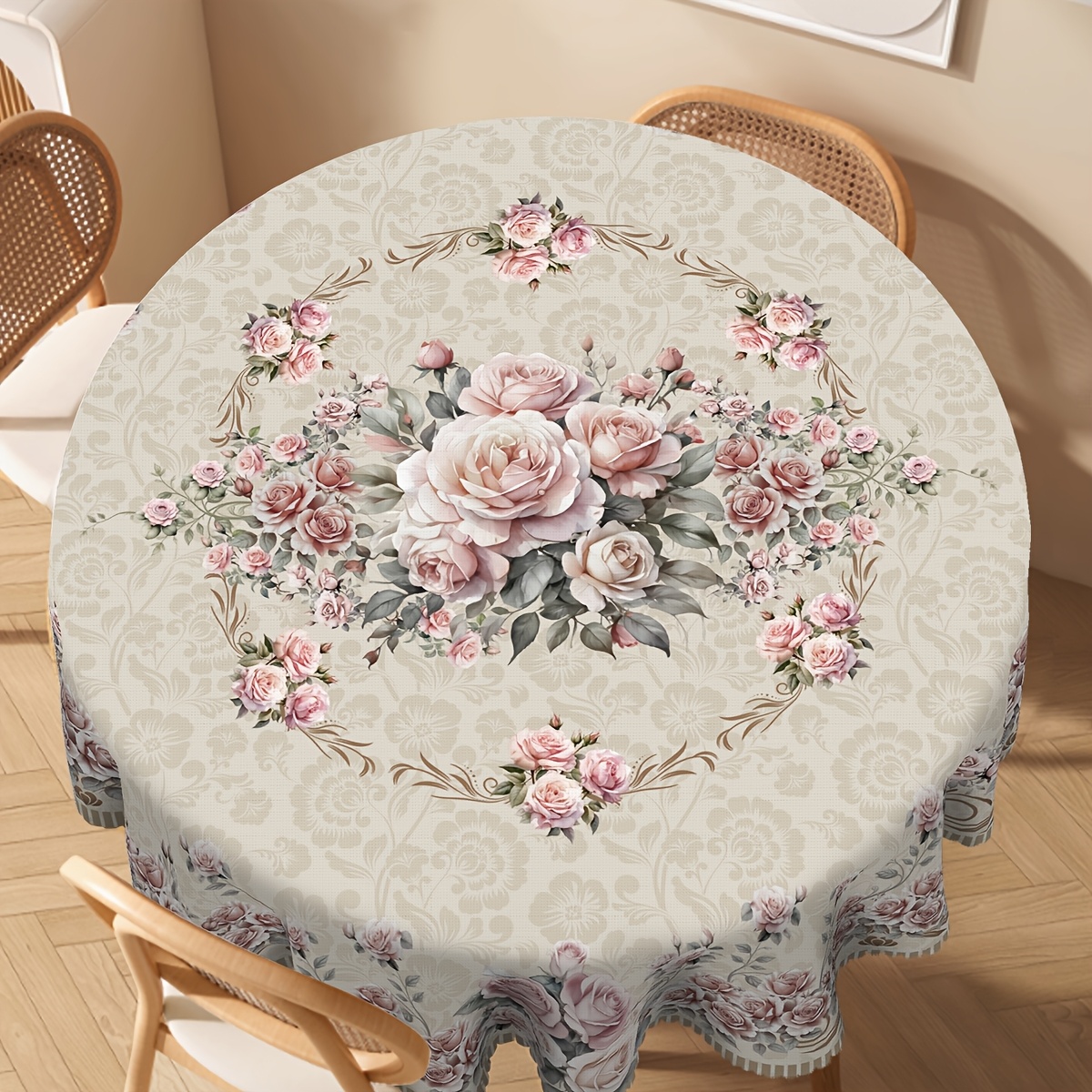 Image of Floral Tablecloth, Yellow, White Decoration, Flowers And Patterns, Round, Rectangular, Oval, Suitable For Banquets, Restaurants, Parties, Festivals, Outdoors, Birthdays