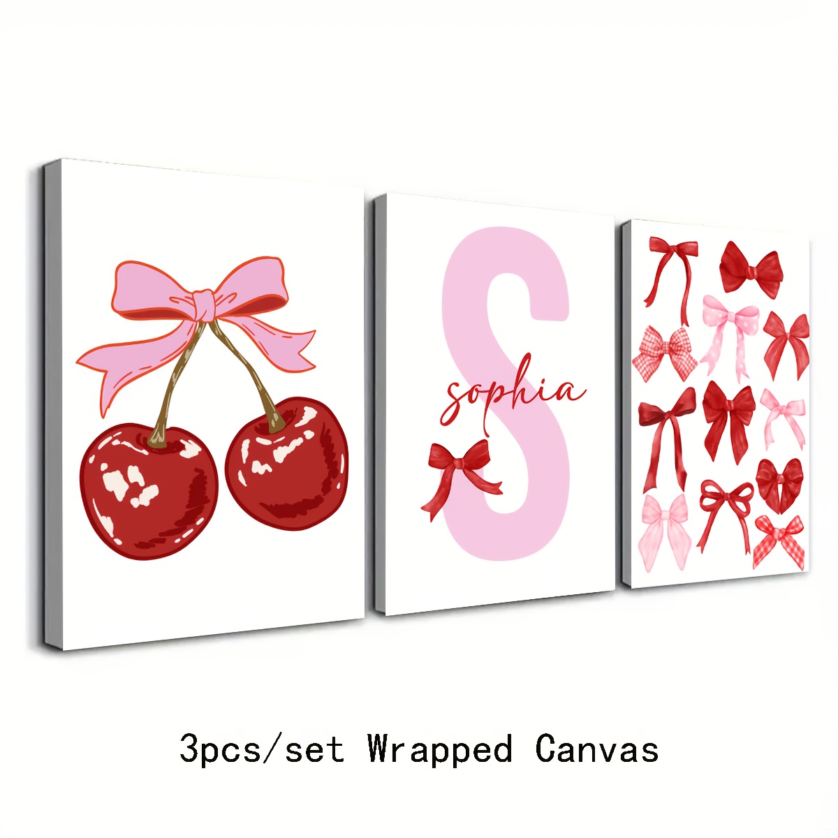 TEMU 2d Flat, 2d Flat, Personalized Set Of 3 Pink Strawberry Bowknot Canvas Art Posters For Home Decor, Ideal For Girls' Bedrooms, Dorms, Or
