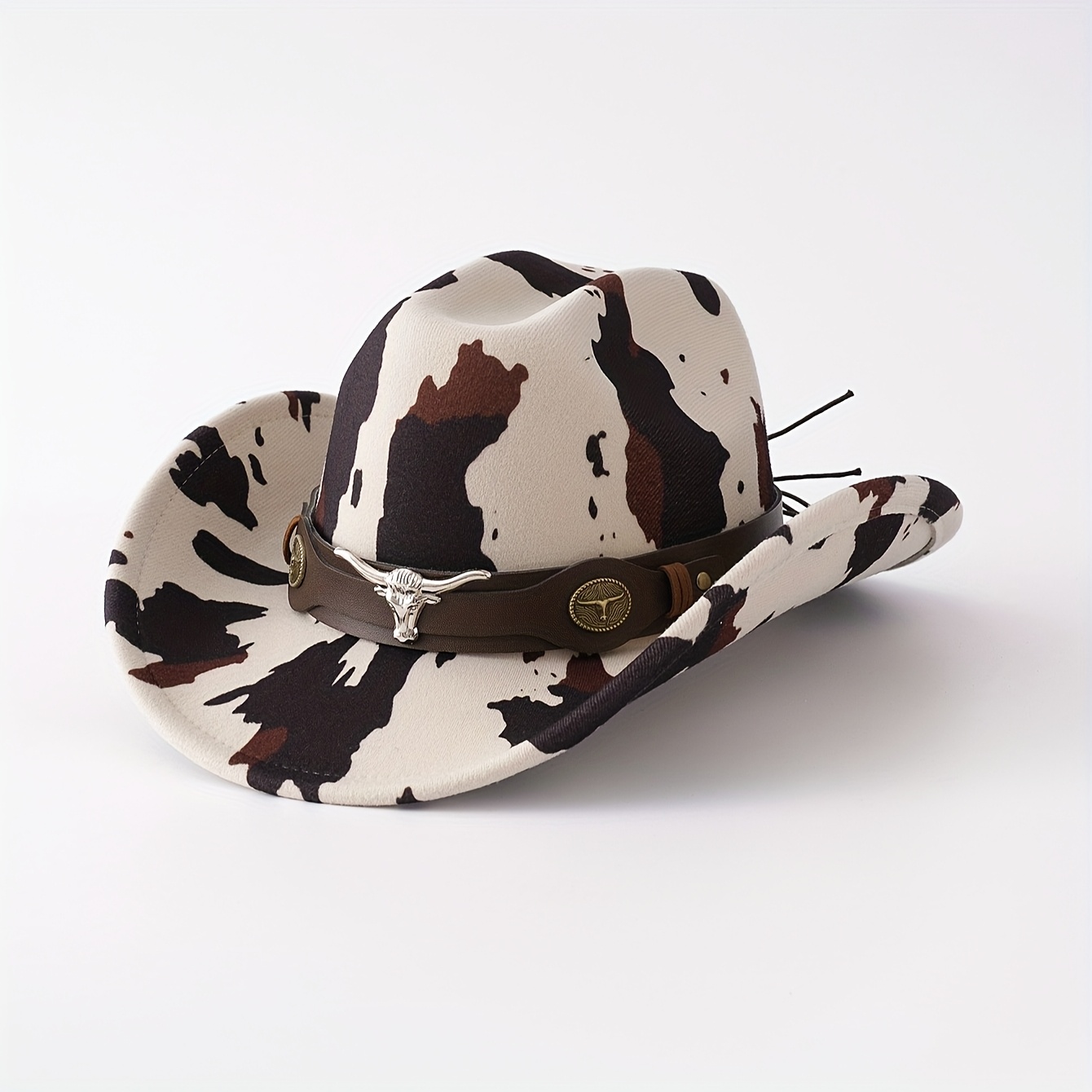 TEMU Unisex Outdoor Leisure Western Cowboy Hat, Unique Cow Print Design Dress Hat With Metal Pu Band Accessory, Trendy And Individual, Suitable For