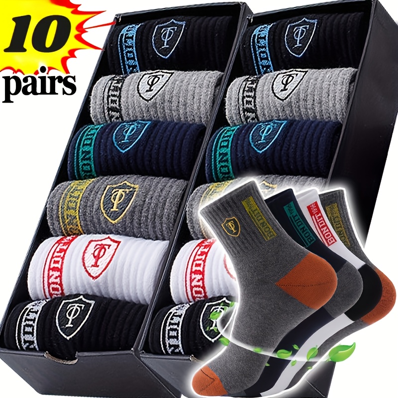 Image of Men's Hiking Socks 5 Pairs/10 Pairs, Men's Mid Crew Socks Deodorizing Sweat-absorbent, Knit Fabric, Solid Color, And Spandex Blend, Sweat-resistant
