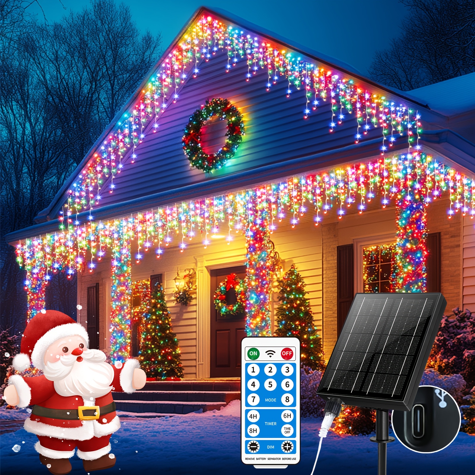 TEMU 76ft 600led Solar Icicle Lights Outdoor Decorations Christmas Fairy String Lights Usb Rechargeable 8 Remote Twinkle Lights For Xmas House Roof