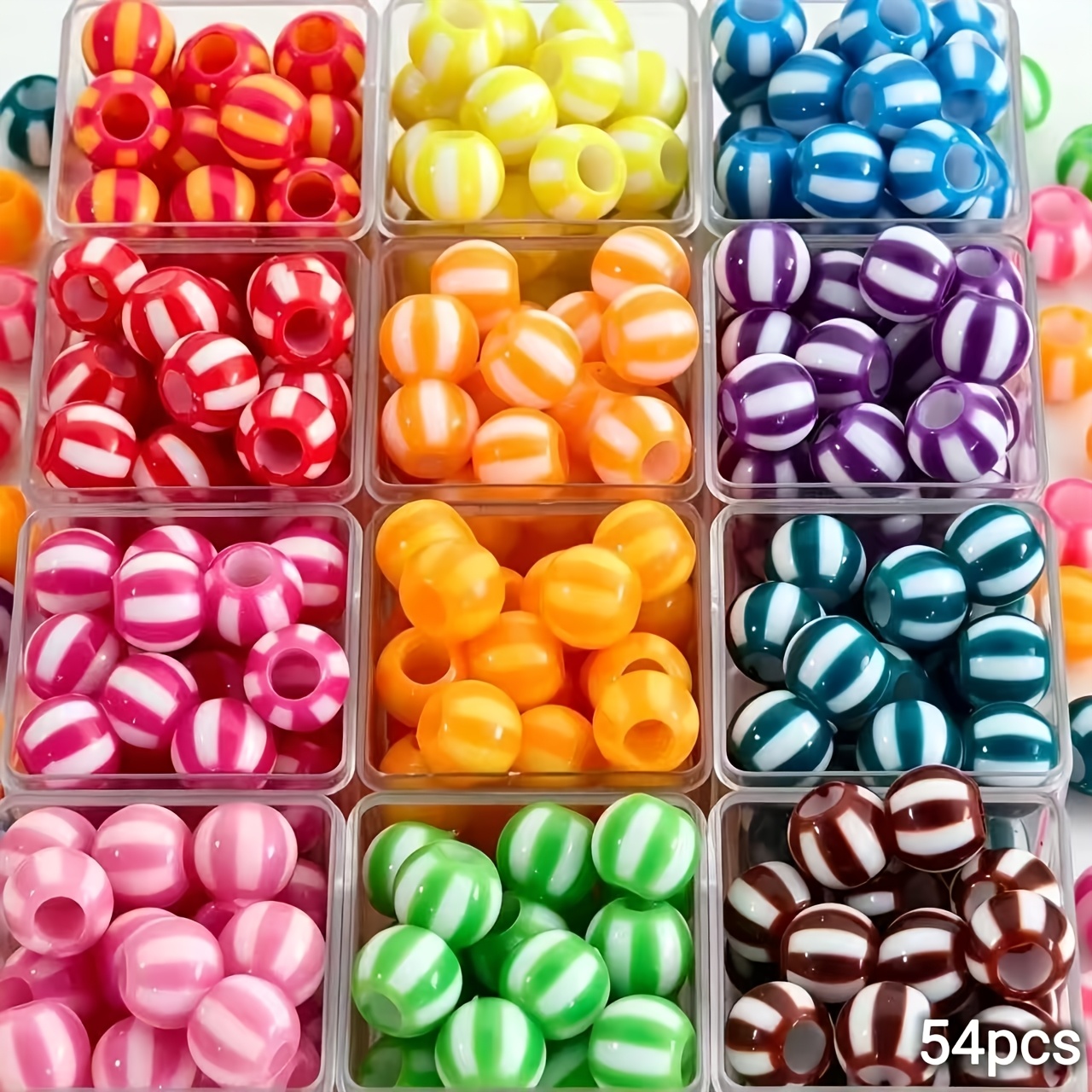 TEMU Lot de 54 perles rondes à gros trou 10 mm en acrylique pastèque rayé pour arts, loisirs créatifs et fournitures de couture, perles décoratives