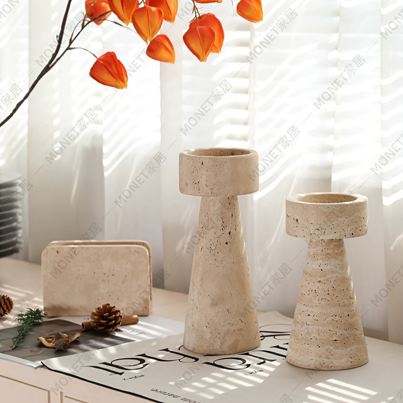1pc Natural Texture Color Cave Stone Exquisite Hand Carved Natural Marble Candlestick Ornament Retro Style Polished Surface Natural Marble Candlestick Elegant Modern Traditional Desktop Decoration Solid Base Wear-Resistant Durable Stone Construction