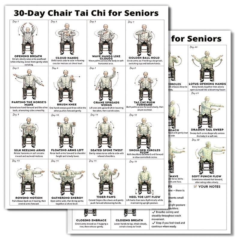 item picture poster for   day chair tai   program   featuring a wall chart for seated exercises serving as a home fitness guide for elderly beginners