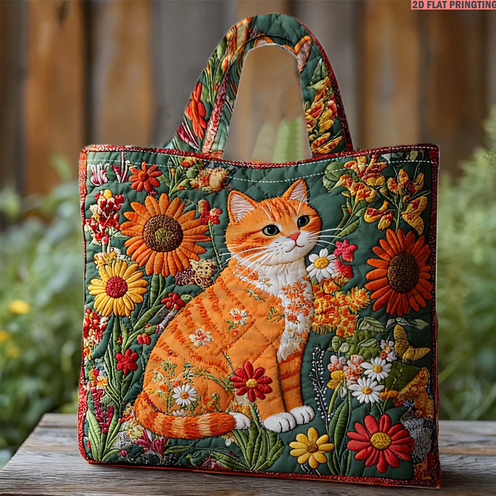Image of 1pc Women's Large Quilted Tote Bag With Cat And Sunflower Daisy, Quilted Book/laptop Carrier Suitable For Books, Laptops, Daily Use, Machine Washable Shoulder Bag For Shopping, Travel, Strap, 2d Flat