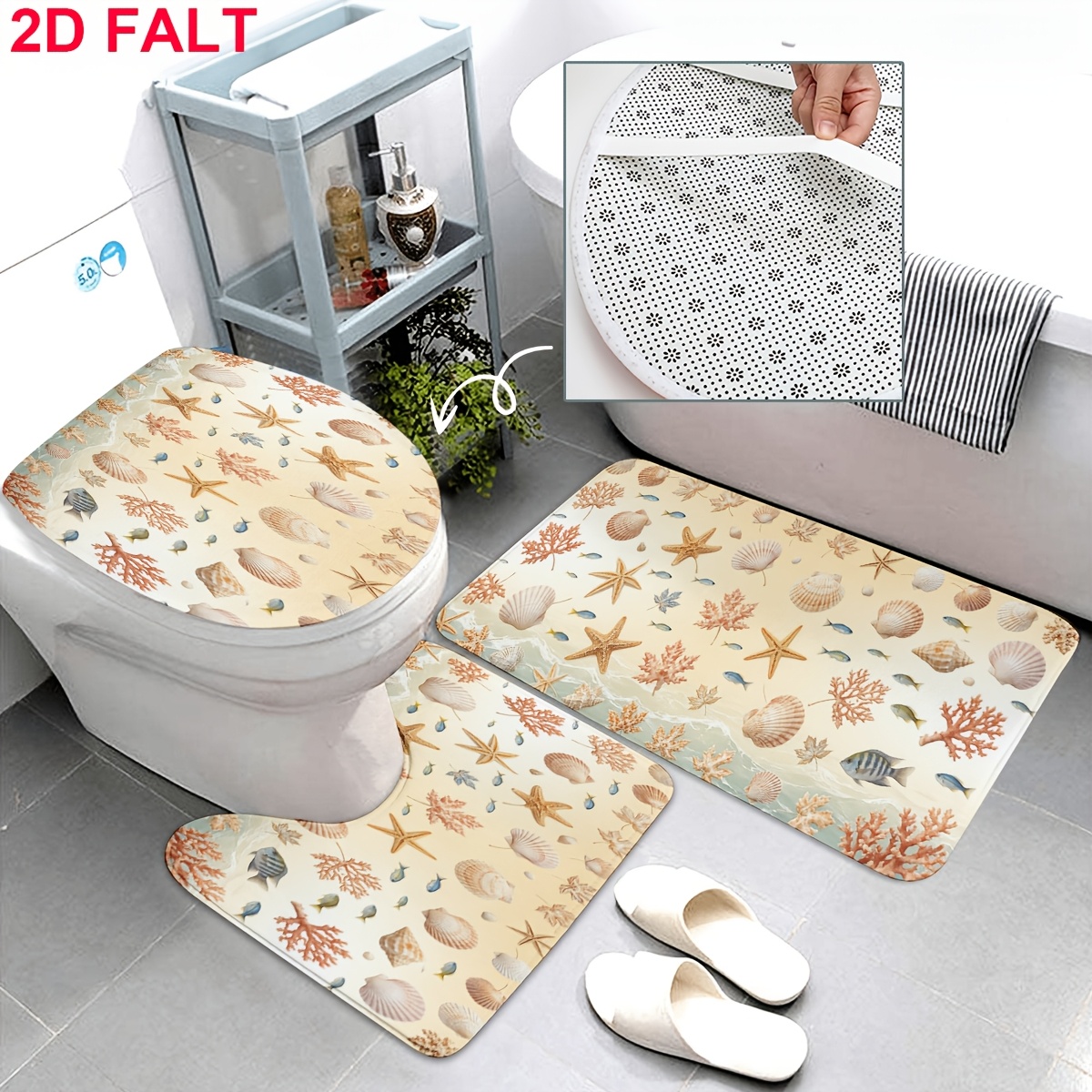 4pcs Coral, Starfish, and Seashell Shower Curtain Set with Bath Mat