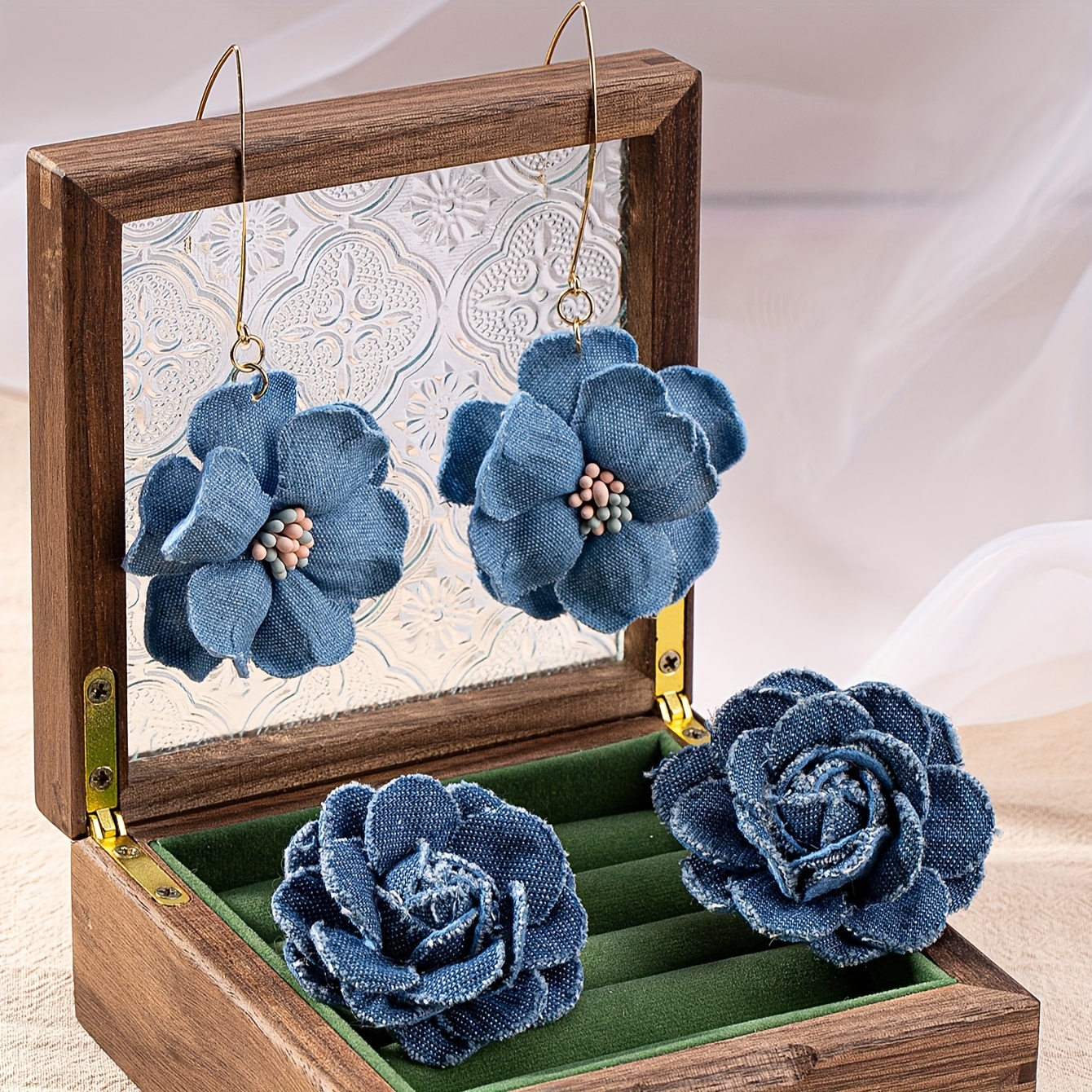 

2 Sets Vintage Western-style Denim Fabric 3d Flower Dangle Earrings For Women, Suitable For Daily Wear
