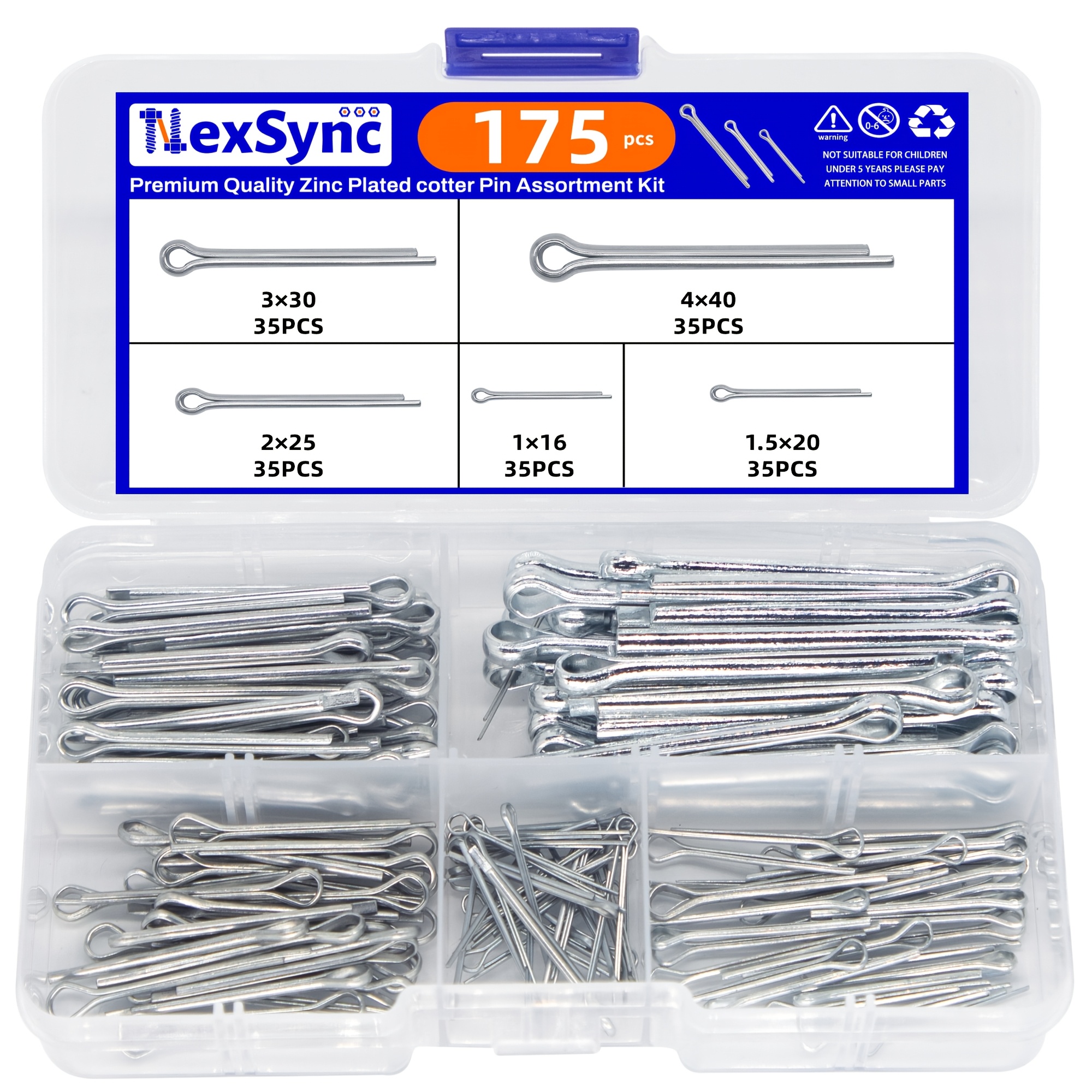 

175pcs Nexsync Carbon Steel Cotter Pins Assortment Kit, Zinc Plated Split Pin Assortment, High- Split Pin Set For Fixing