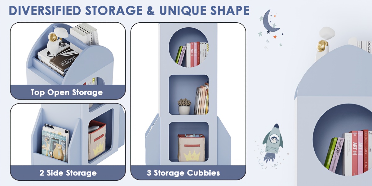 3-Tier Kids Bookshelf And Storage, Rocket Space Theme Cabinet with Side Shelves, Open Kids Bookcase, Display Organizer for Playroom, Kindergarten, School