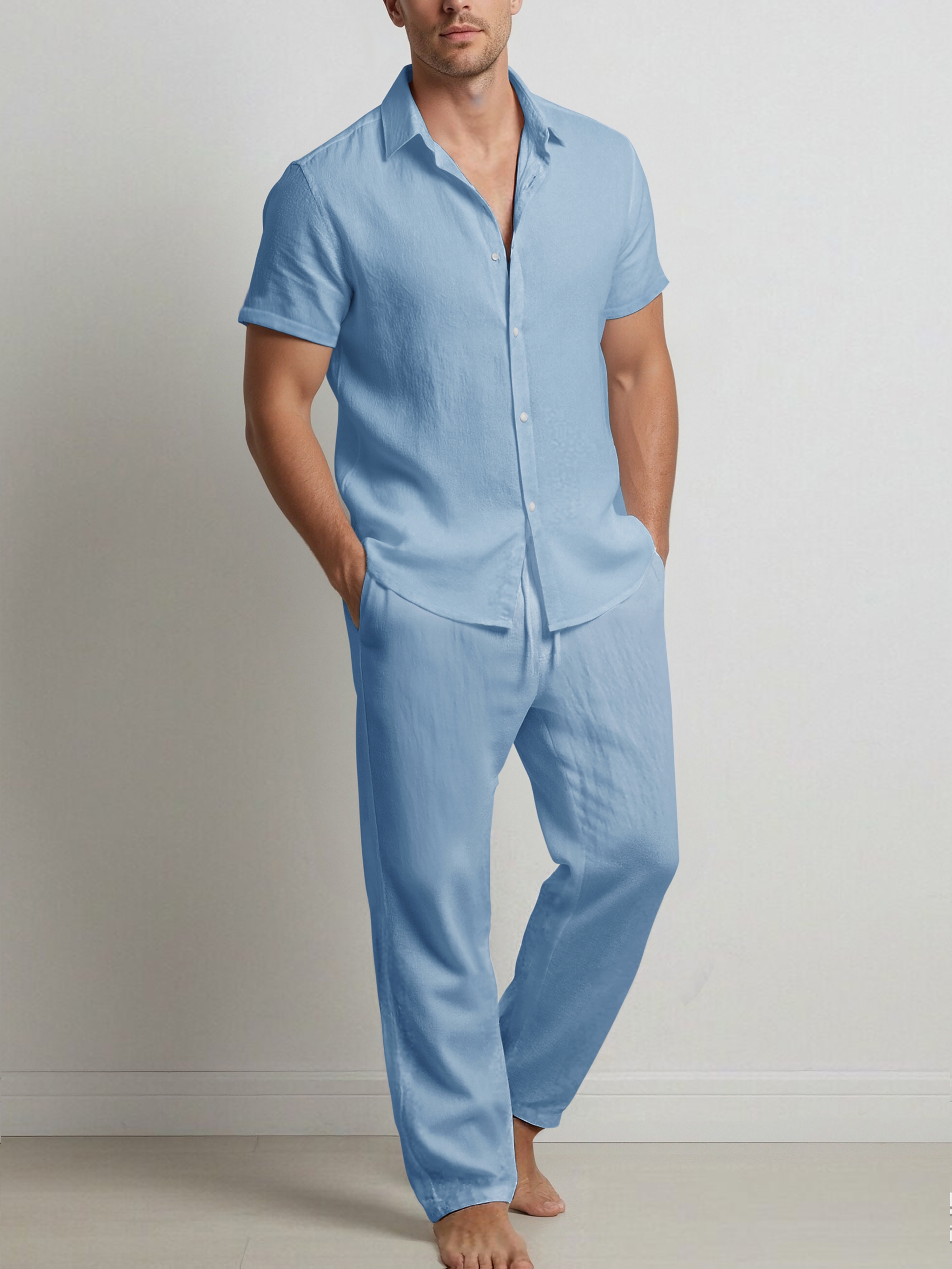 Men's Fashionable Solid Color Cotton- Shirt and Trousers Set, Casual Breathable 2pcs Outfit for Men
