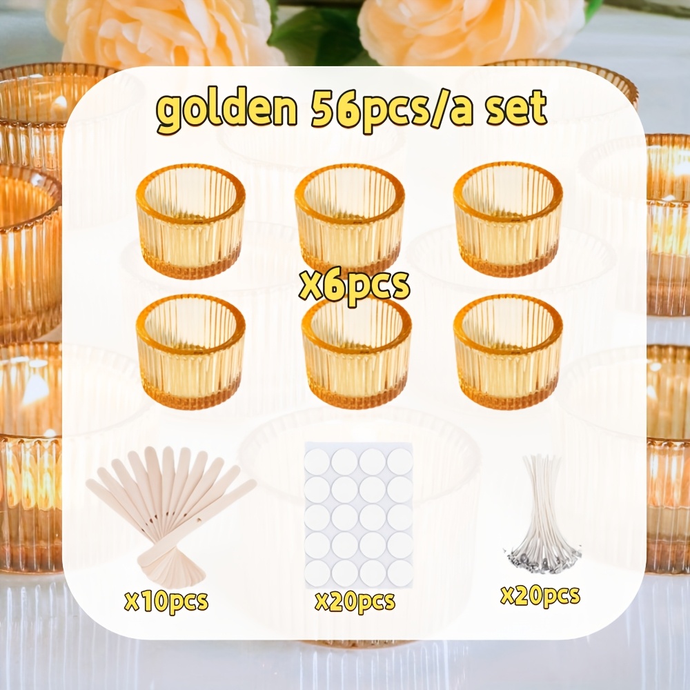 E-shop 56-teiliges goldenes Glas-Kerzenleiner-Set mit vertikaler Maserung & Zubehör, 6 Kerzenleiern, 50 Bastelzubehör (20 Dochte, 20 Aufkleber, 10