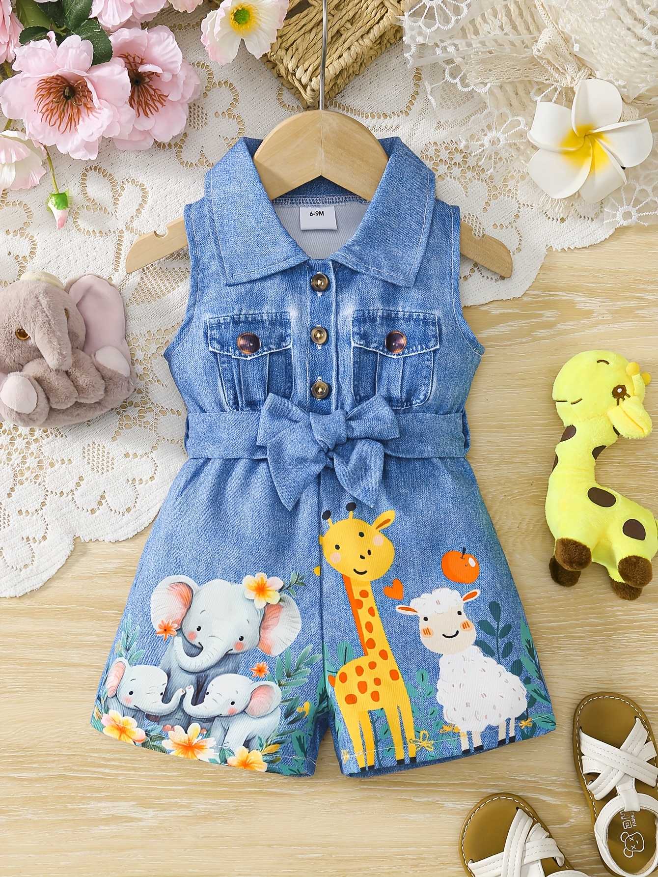 baby girl romper belt half open       denim waist cartoon print sleeveless cute jumpsuit for outdoor