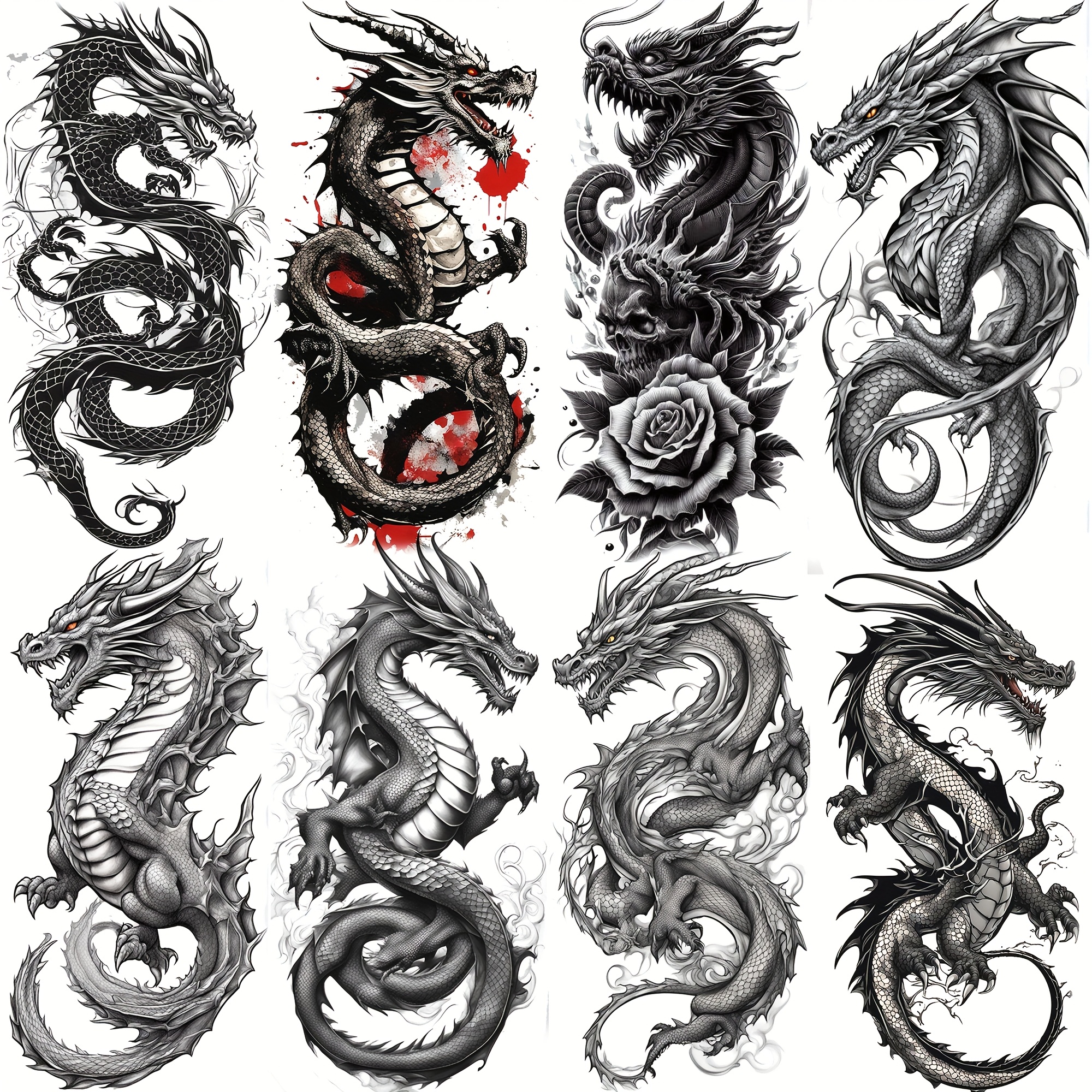 TEMU 8 Dragon Temporary Tattoos For Men And Women, Suitable For Adult Arms And Legs, Featuring Realistic Waterproof Fake Tattoo Stickers For Forearm