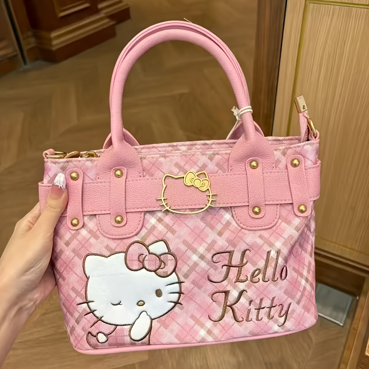 Licensed For Hello Kitty Large Pu Tote Crossbody Bag, Zipper Design, Pink Plaid With Kitty Bow, Durable For Daily Work Gym, & Birthday Gift