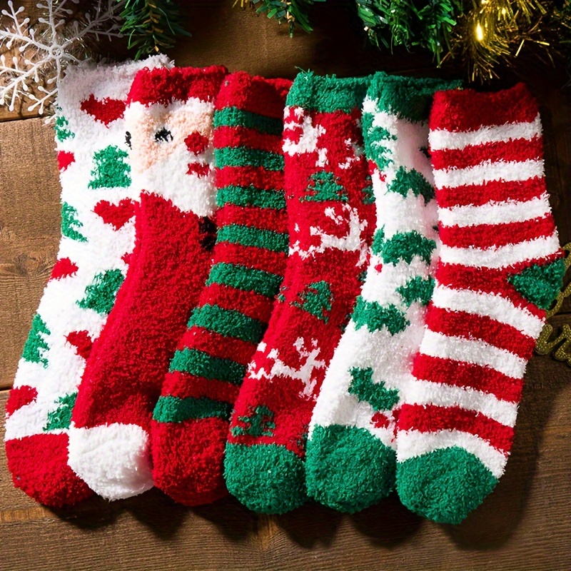 

6 Pairs Christmas Cartoon Socks, Cute & Soft Warm Fuzzy Mid Tube Socks For Fall & Winter, Women's Stockings & Hosiery