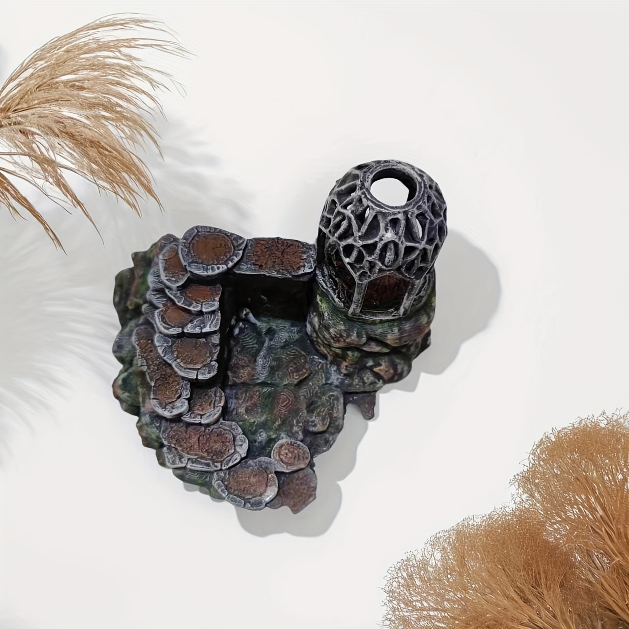 E-shop 3D-gedruckte antike Elfenhaus-Tierunterkunft, Treppenhaus-Kabinen-Skulptur - Rustikale Gartendekoration und Hofdekoration, lebendige Blumen,