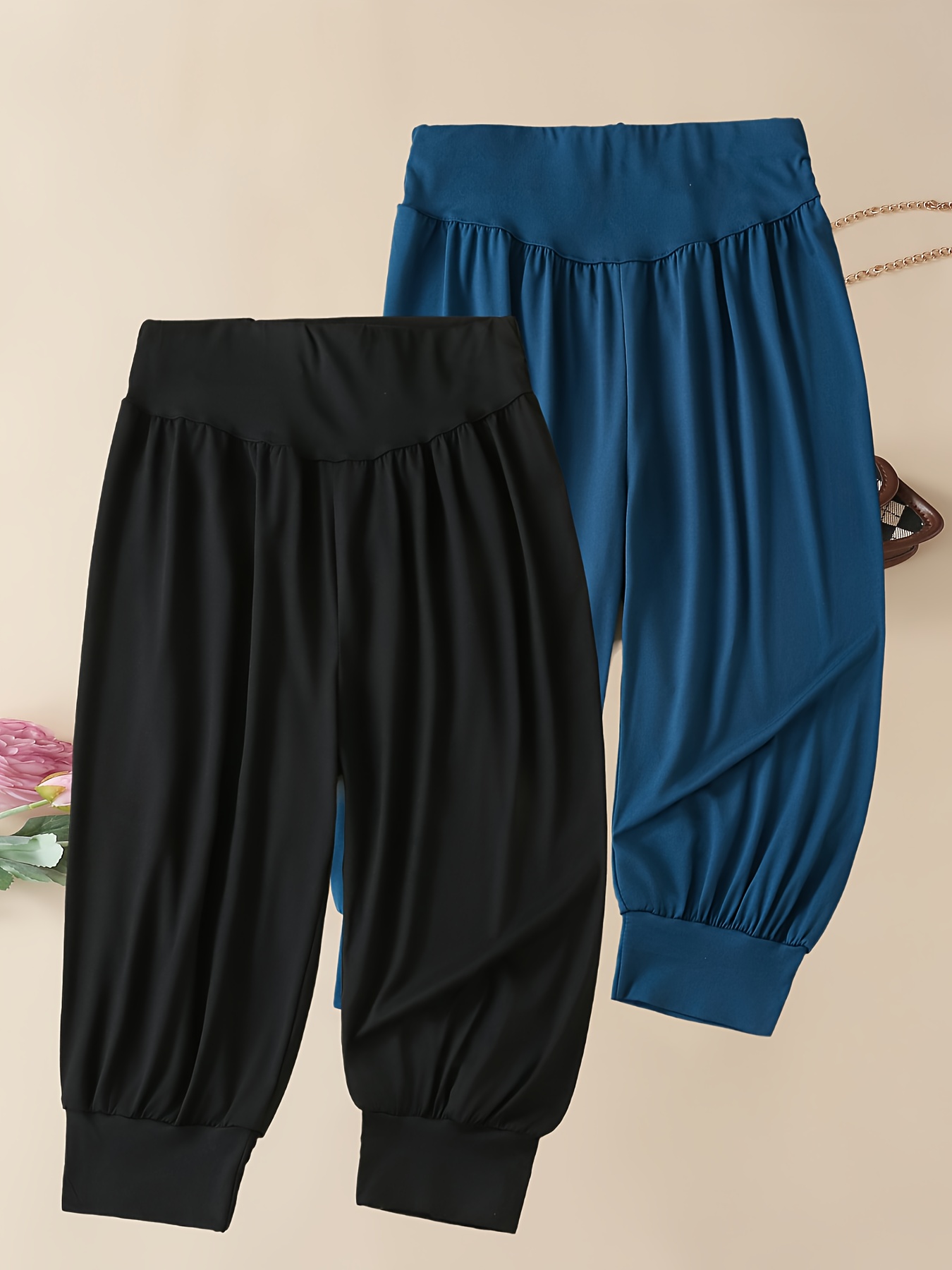 2er-pack damen 7/8 haremhosen - lässige sportliche stretch-polyesterhose, geraffte taille, bequeme passform,   für freizeitkleidung, sportliche jogginghosen, yogahosen, frühling/herbst-hosen | glatte modehose | hose aus glänzendem stoff