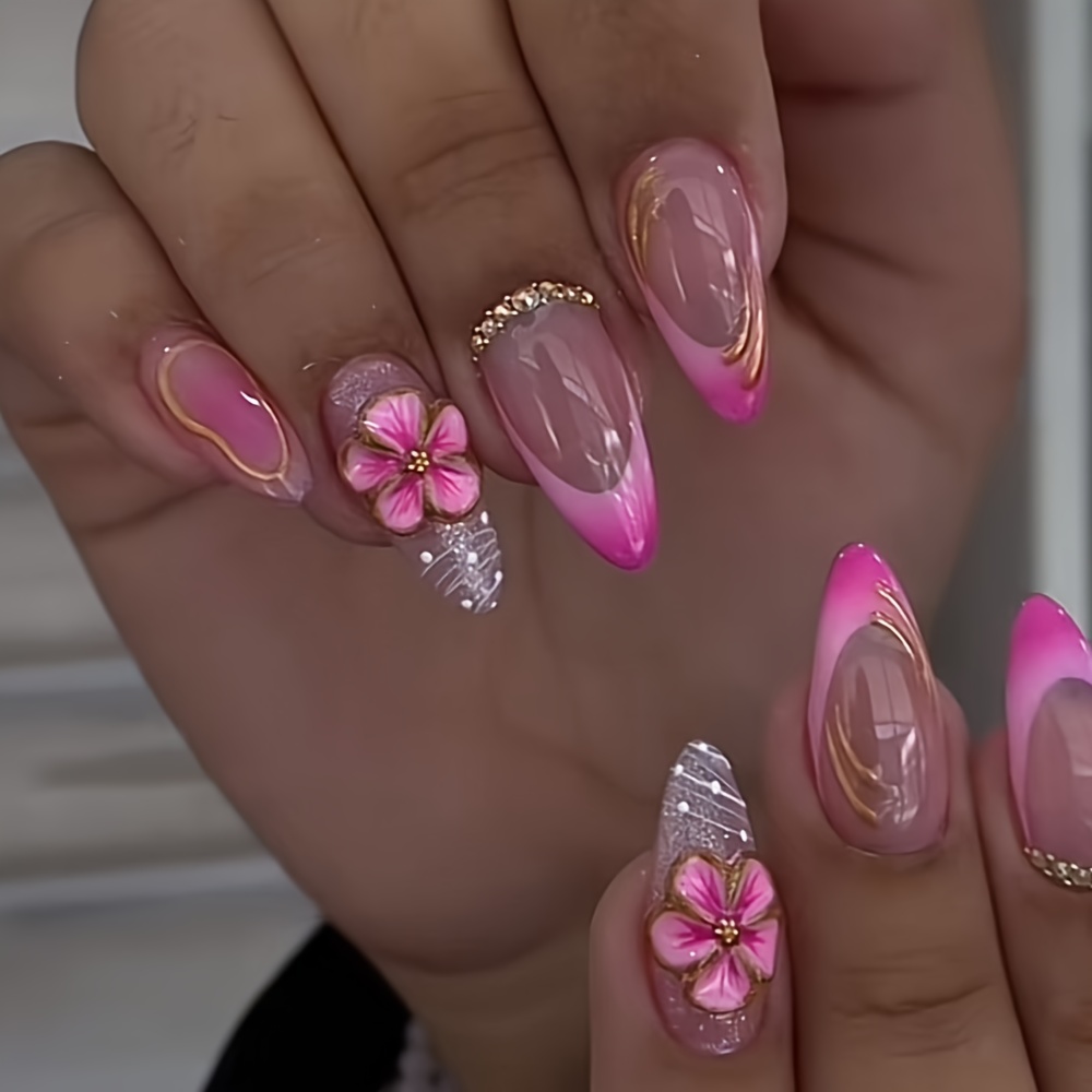 TEMU 24pcs Faux Ongles de Taille Moyenne en , Design 3D Stéréoscopique Fleur Pure à , Patch d'Ongles Brillants Faux Ongles Détachables
