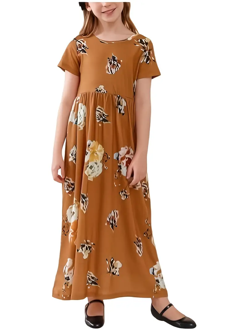 young girl's long brown dress flowers short ruffled sleeves Autumn Flower Girl Dress